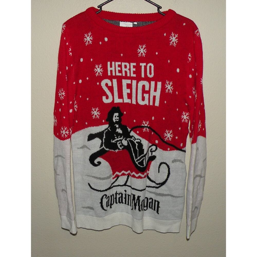 Captain Morgan Mens Medium Crewneck Sweater Red White “Here To Sleigh” Christmas